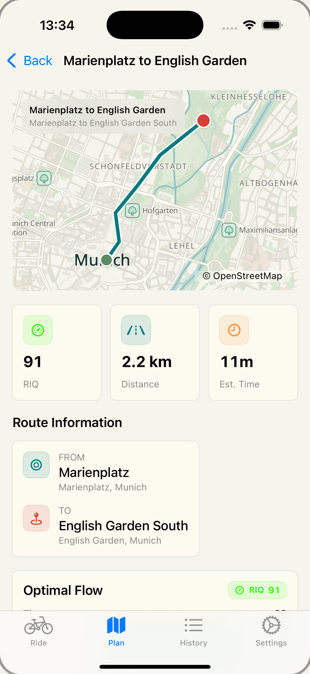 intellivelo app showing a planned route from Marienplatz to English Garden with a 91 RideIQ score.