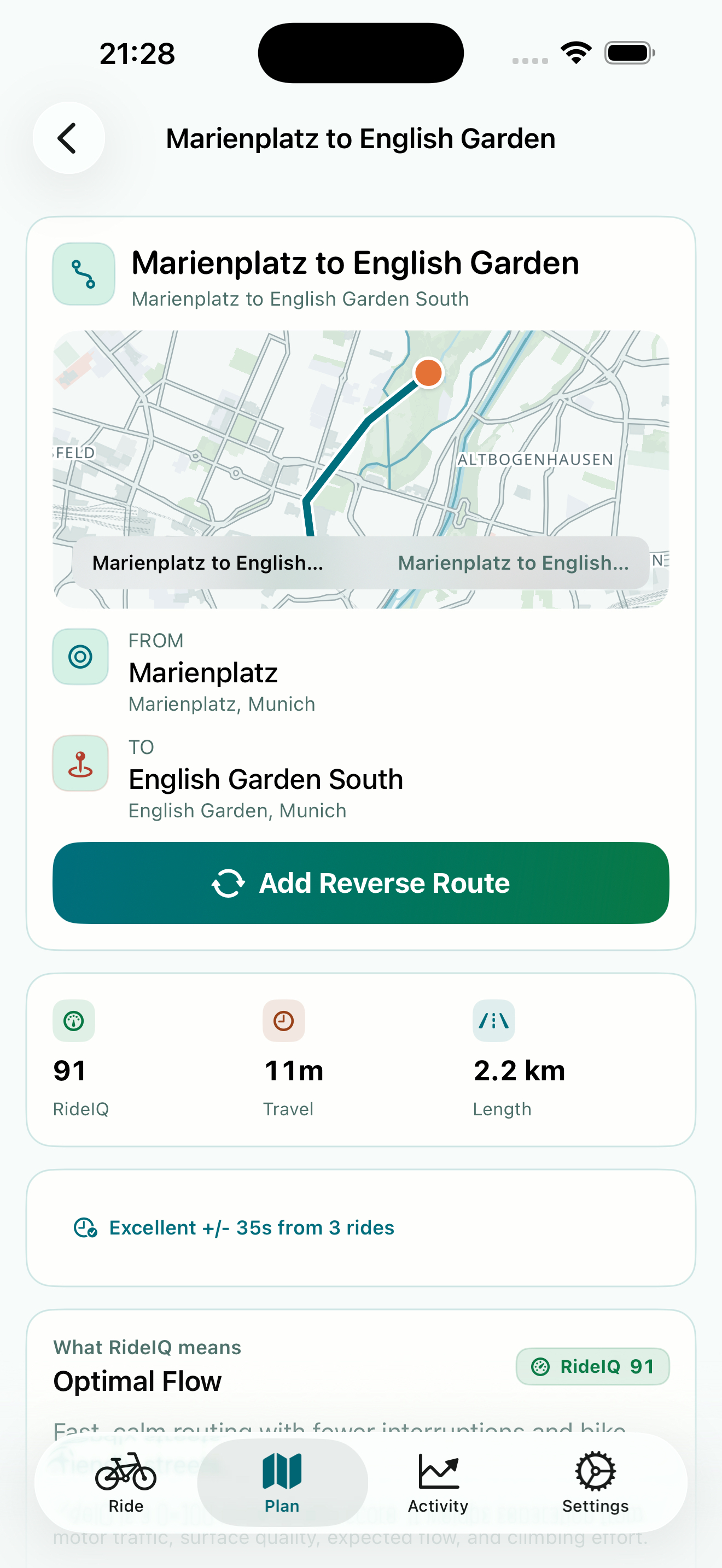 intellivelo route detail showing a RideIQ score of 91, travel time, route length and the factors behind the score