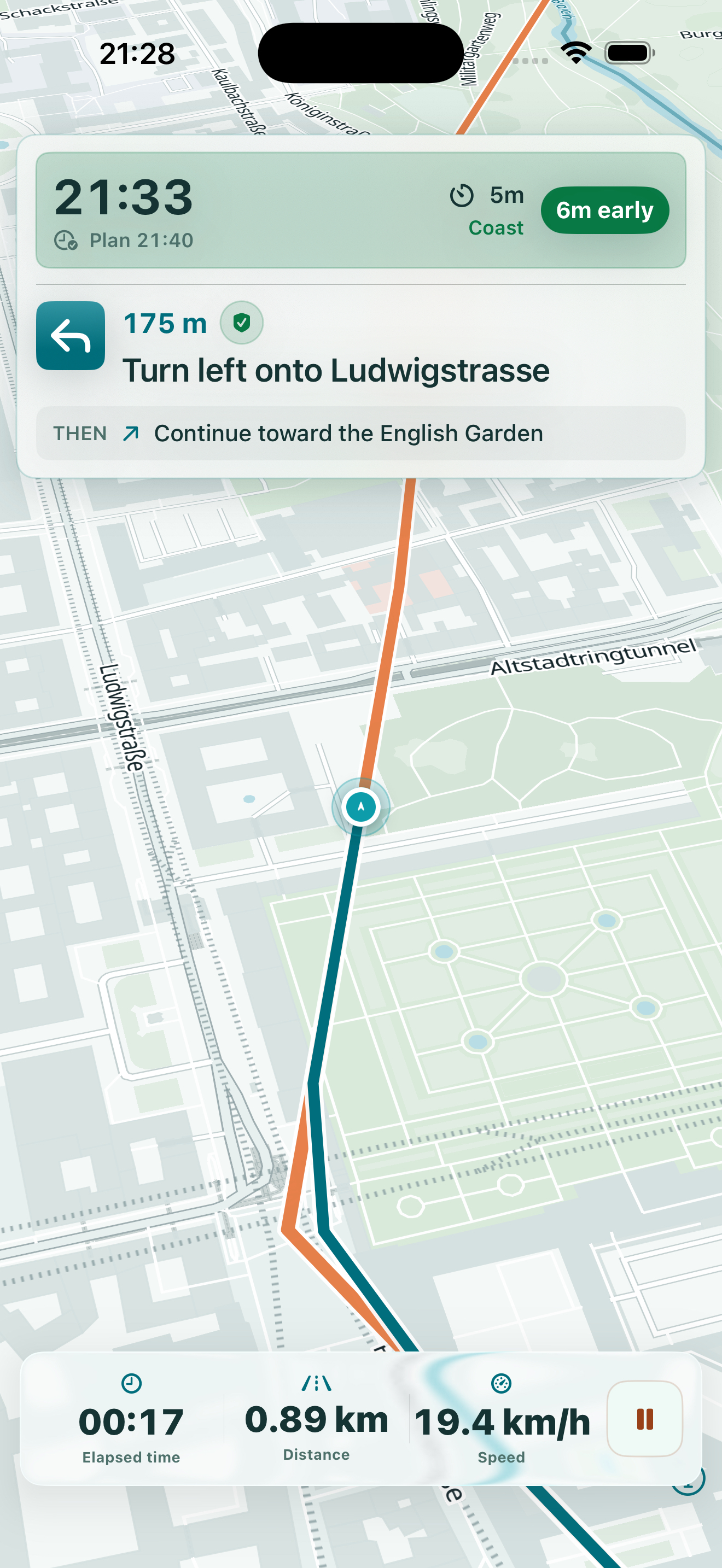 intellivelo live navigation showing the route, next turn, planned arrival, six-minute arrival buffer, distance, and speed