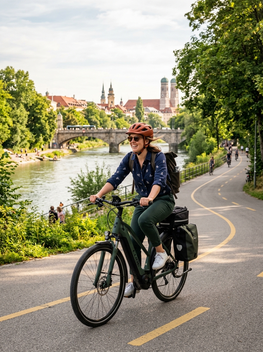 A rider cycling along a green riverside route